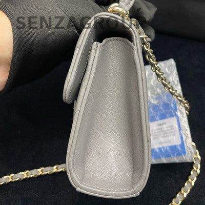 Chanel Lambskin Grey Quilted Chain Shoulder Bag - Gold Hardware