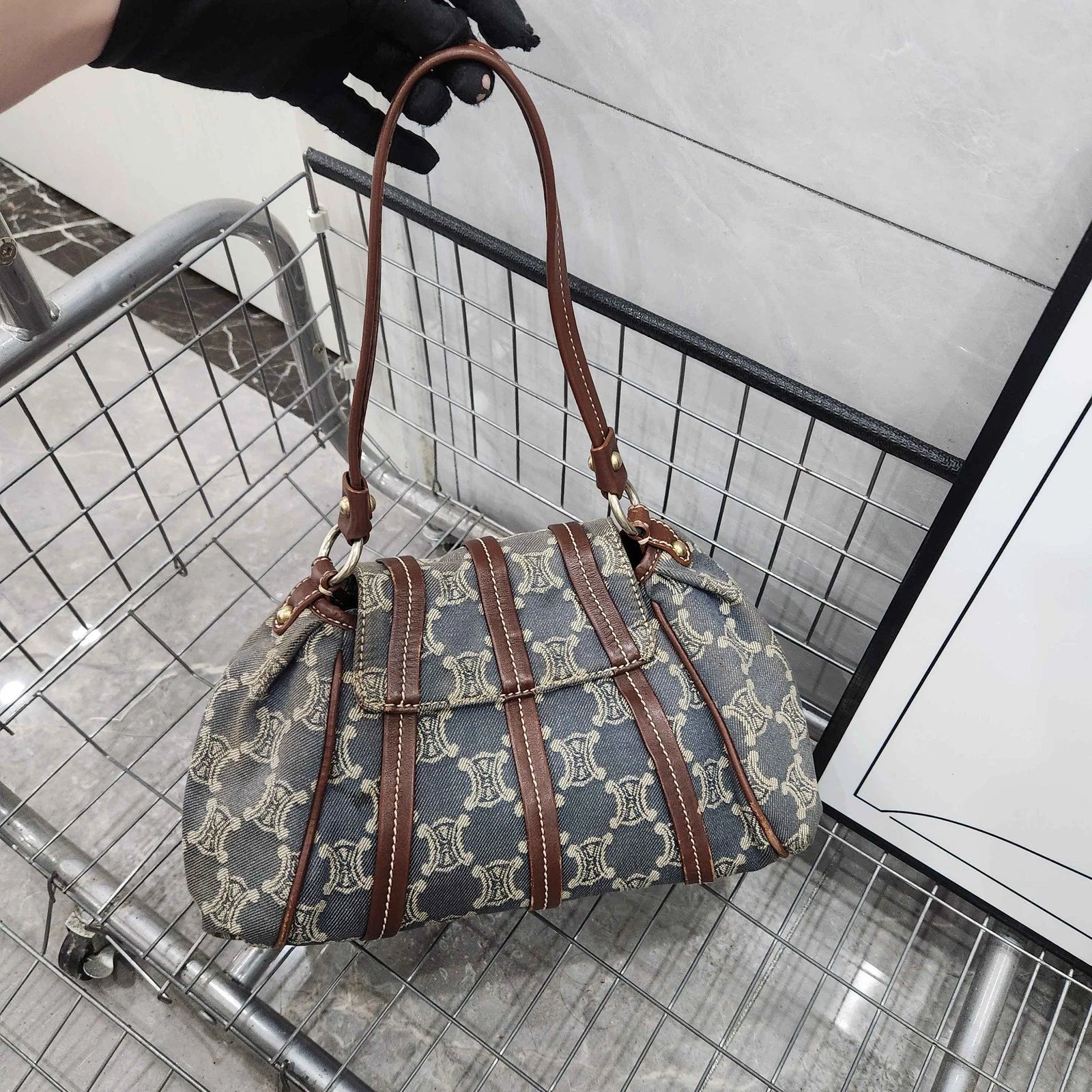 Celine Vintage Denim Triomphe Shoulder Handbag For Women