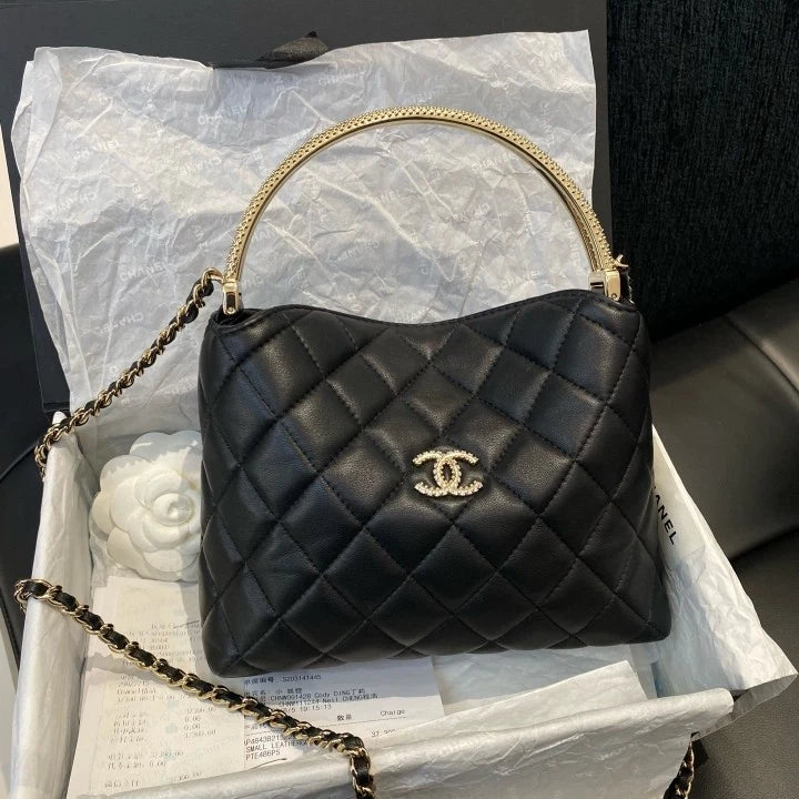 Chanel Clutch With Chain Calfskin Top Handle Crossbody Black Gold Women D