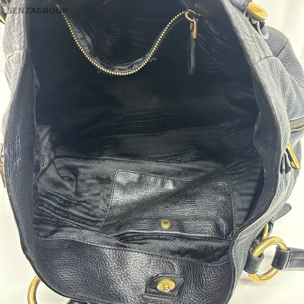 PRADA Black gold All Leather Tote Shoulder bag