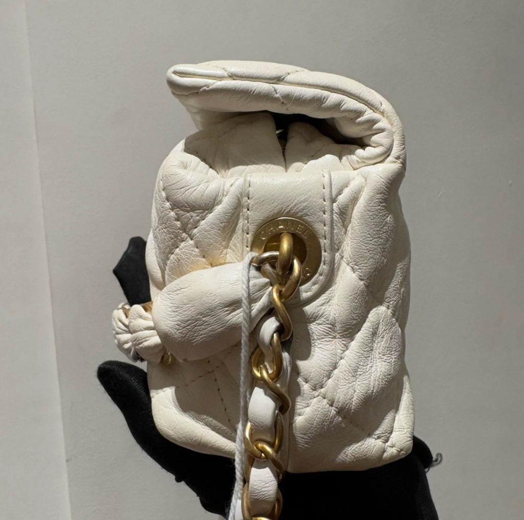 Chanel Diamond Hobo Chain Top Handle Bag Crossbody White Gold Used Women Classic