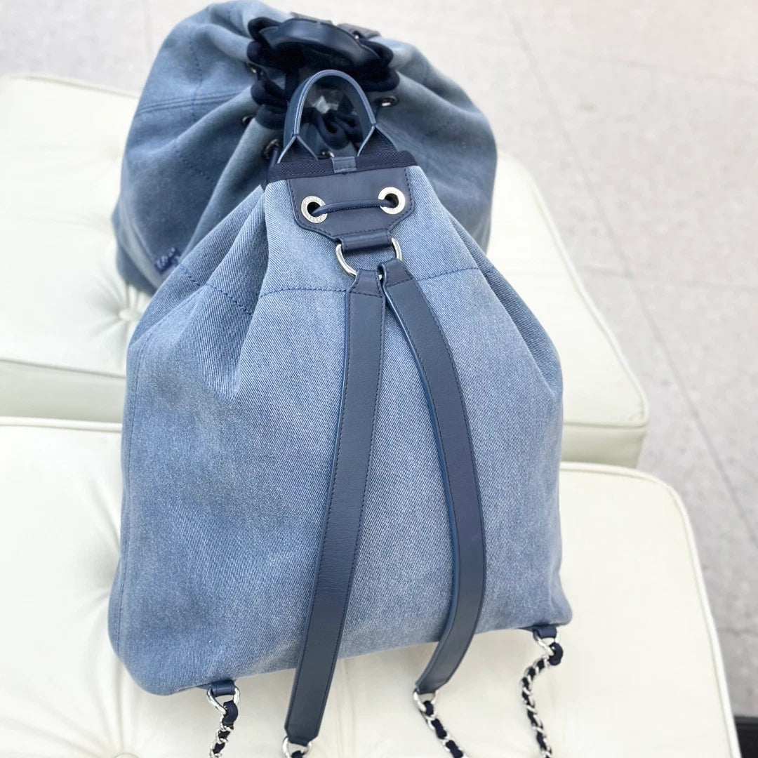Chanel Denim GM Backpack Navy Blue Silver Used Women Classic
