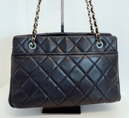 Chanel Calfskin PM Tote Chain Shoulder Bag Black Gold Women Classic Diamond