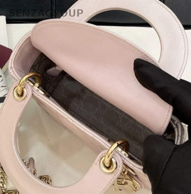 Christian Dior Lady Dior Chain Crossbody Top Handle Bag Pink Gold Women Classic