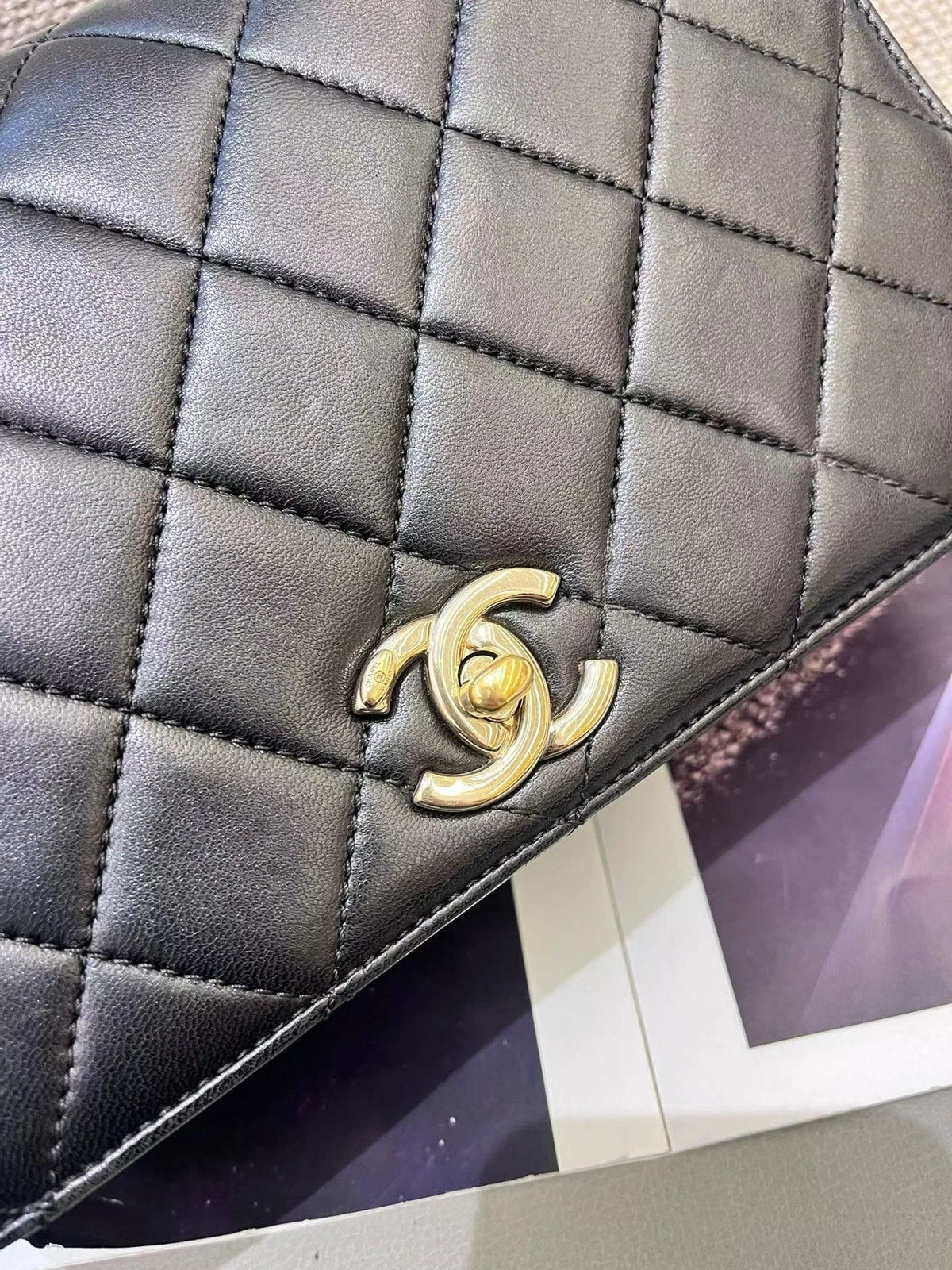 Chanel Lambskin Chain Top Handle Crossbody Black Gold Diamond Women Classic