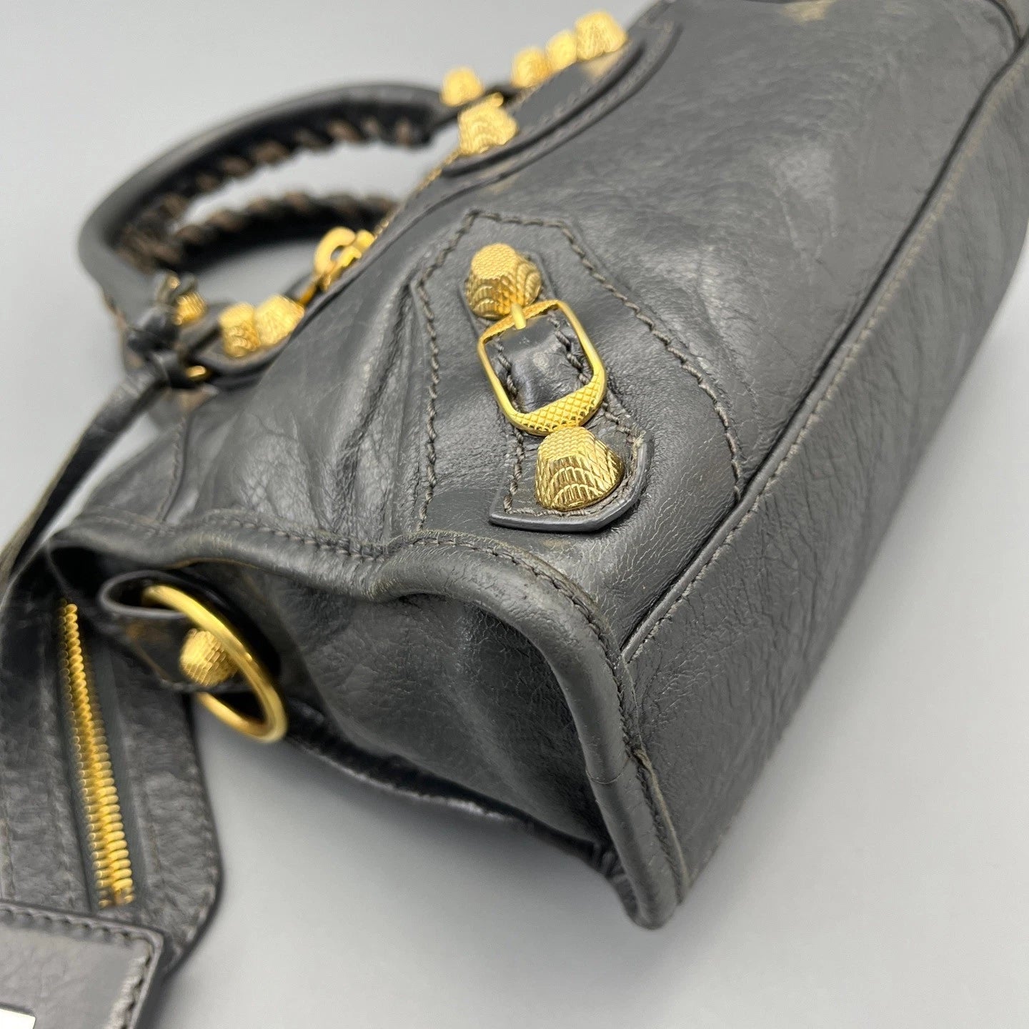 Balenciaga City Bag Mini Tote Top Handle Crossbody Bag Gray Gold Hardware Women
