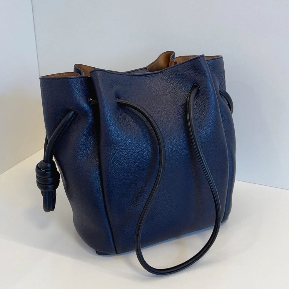 Authentic Loewe Flamenco Knot Navy Blue Drawstring Tote Shoulder Crossbody Bag