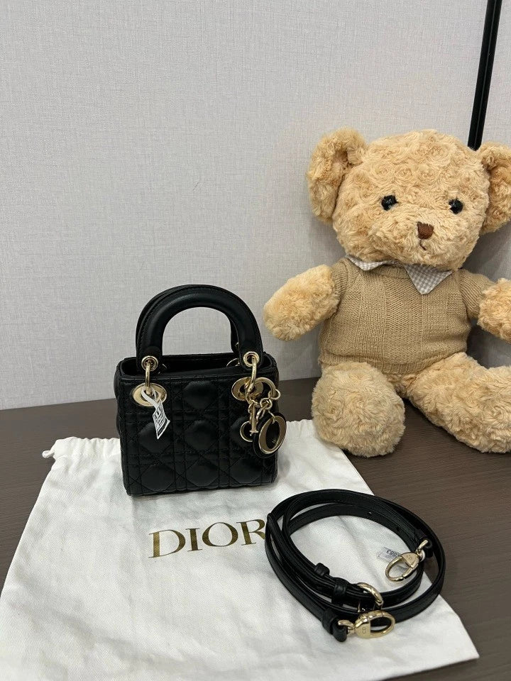 Dior Black Gold Mini Lady Dior Top Handle Bag For Women