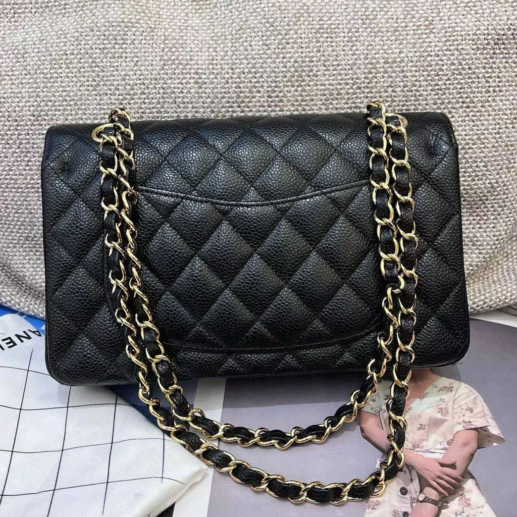 Chanel Classic Flap PM Calfskin Chain Shoulder Crossbody Black Gold Women