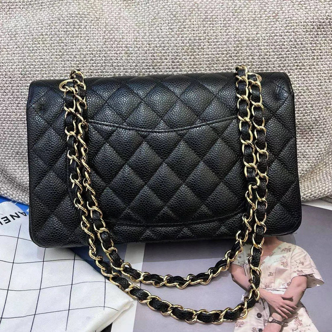 Chanel Classic Flap PM Calfskin Chain Shoulder Crossbody Black Gold Women