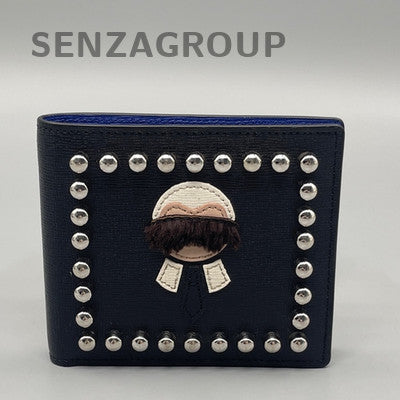 FENDI Studded Short Wallet Black Blue Women Classic