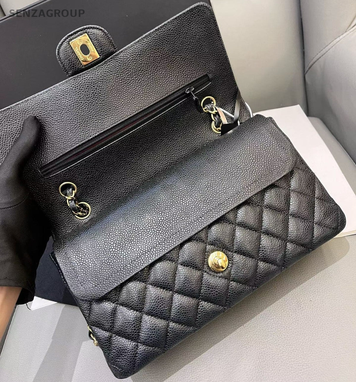 Chanel Classic Flap MM Chain Shoulder Bag Black Gold Diamond Women Fashion