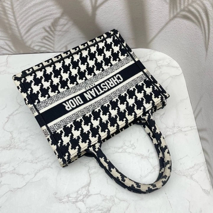 Dior Houndstooth Embroidered Canvas Small Tote Handbag For Women