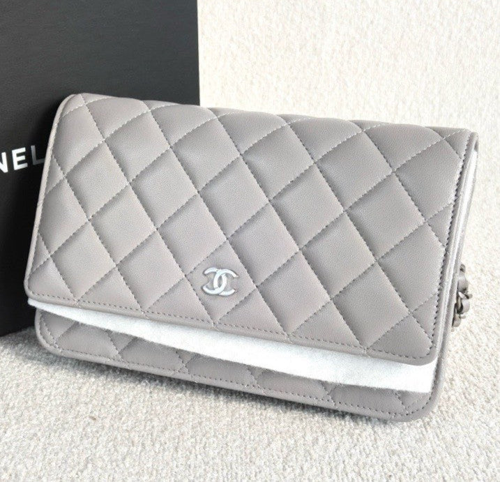 Chanel WOC Lambskin Chain Shoulder Bag Crossbody Gray Silver Women Classic