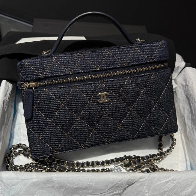 Chanel Denim Vanity Case Dark Blue Top Handle Shoulder Crossbody Bag Women D