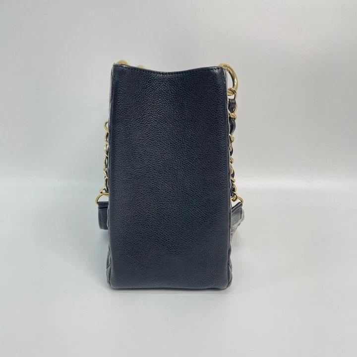 CHANEL GST Medium Black Gold Leather Tote Bag For Women