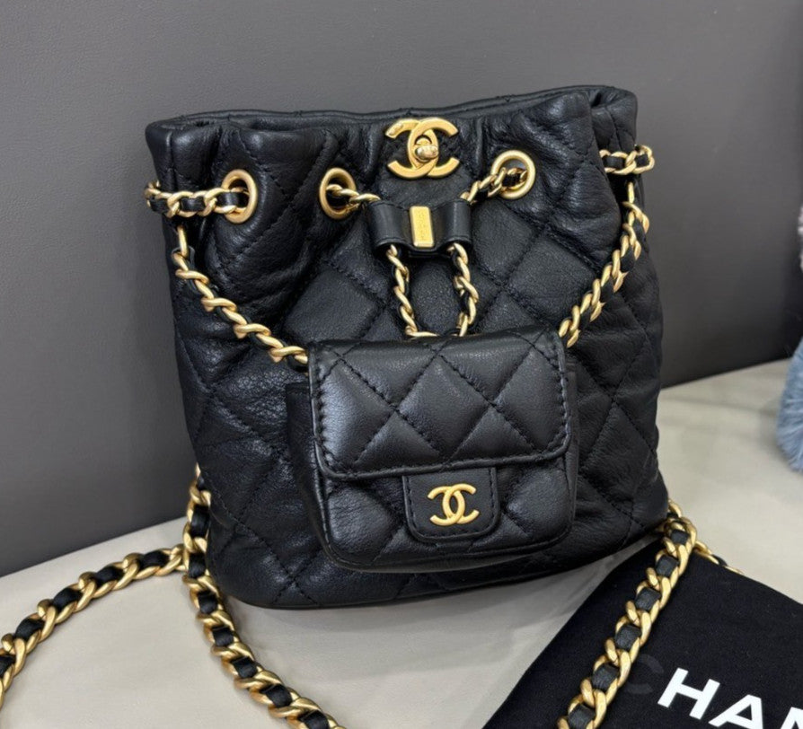 Chanel Calfskin Chain Backpack Black Gold Women Diamond Classic Fashion