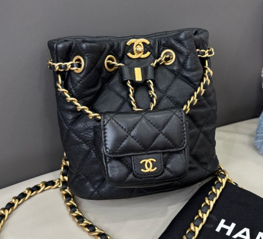 Chanel Calfskin Chain Backpack Black Gold Women Diamond Classic Fashion