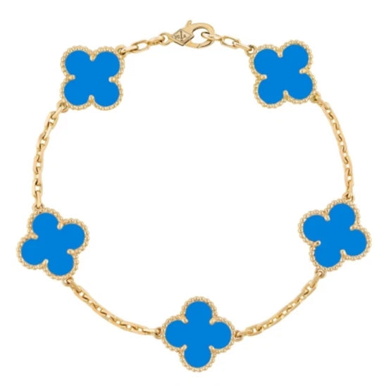 Van Cleef &amp; Arpels Vintage Alhambra 5 Motifs Bracelet 18K Yellow Gold Blue Agate