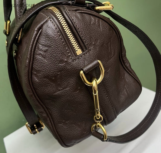 Louis Vuitton Speedy25 Monogram Top Handle Bag Crossbody Black Gold Used Women