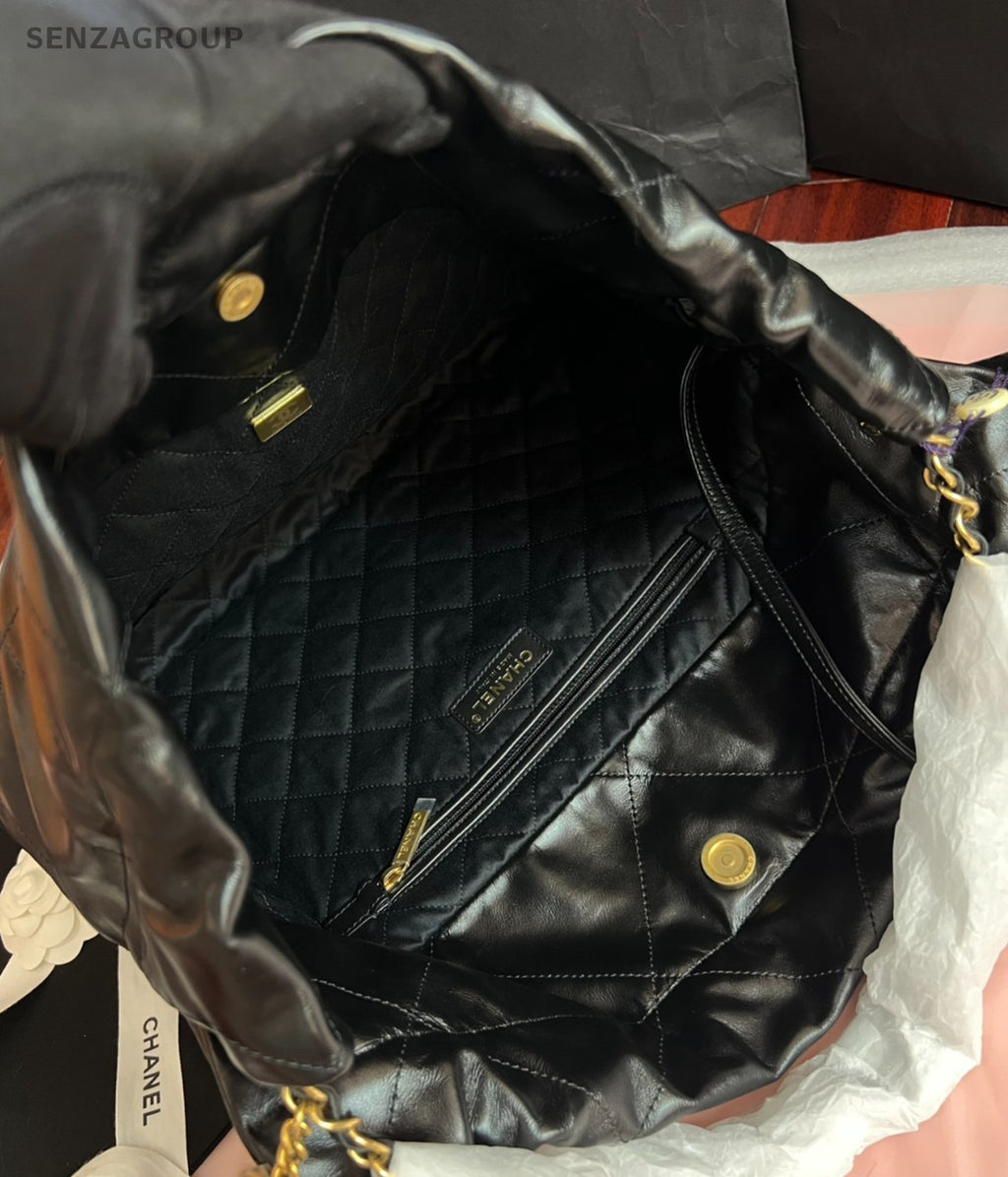 Chanel Diamond MM Chain Shoulder Bag Black Gold Women Classic Fashion
