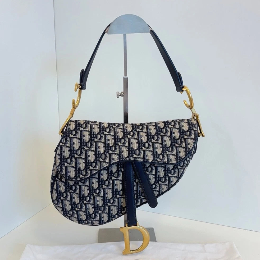 Christian Dior Monogram MM Shoulder Bag Blue Gold Hardware Women