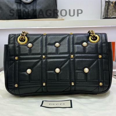 Gucci Marmont 26 Black Gold Pearl Chain Shoulder Crossbody Bag Medium