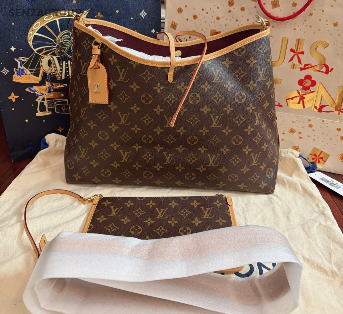 Louis Vuitton Carryall MM Monogram Shoulder Bag Crossbody Brown Gold Used Women