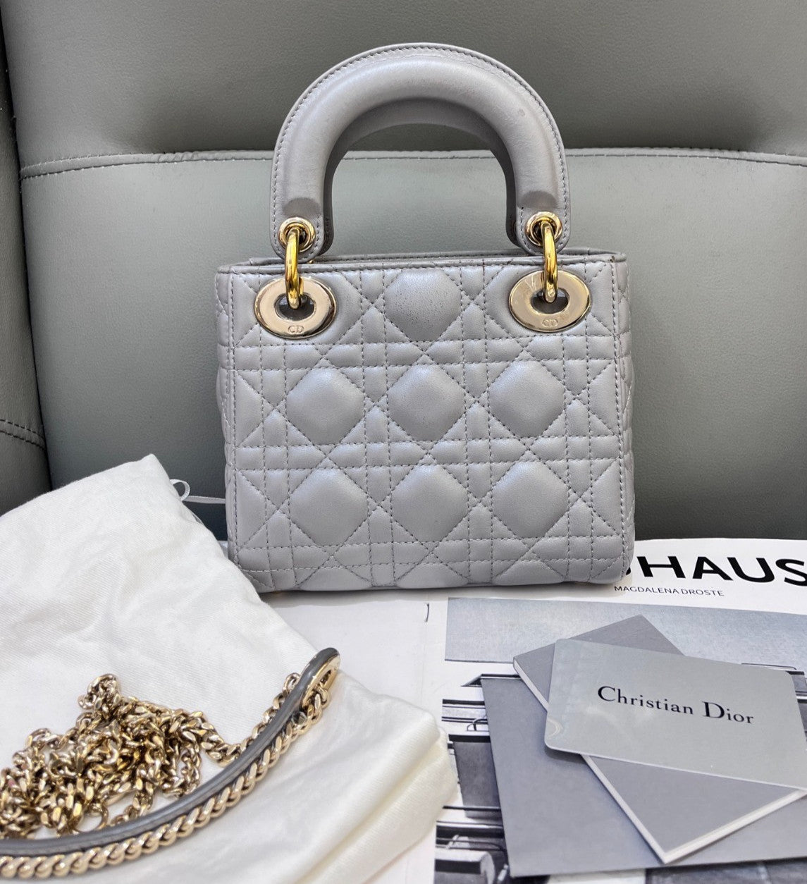 Christian Dior Lady Top Handle 2way Chain Shoulder Handbag Grey Women