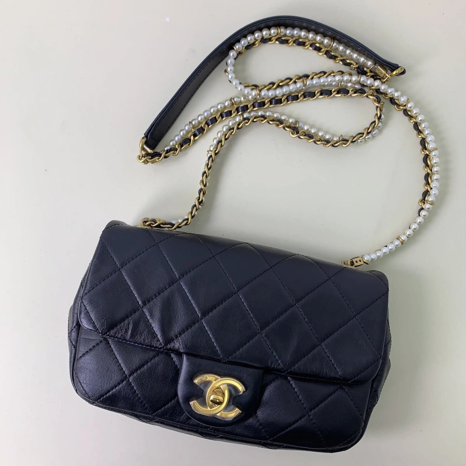 CHANEL Black Leather Pearl CF Mini Crossbody Bag For Women