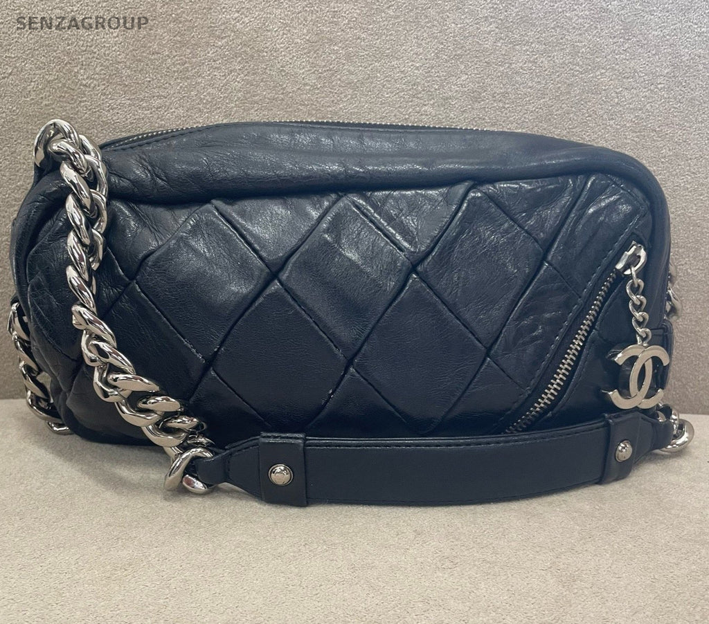 Chanel Diamond Chain Handbag Shoulder Bag Black Silver Women Classic