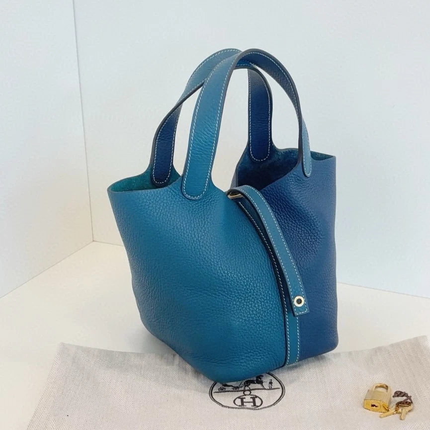 Hermes Picotin18 Top Handle Shoulder Bag Blue Gold Women Fashion