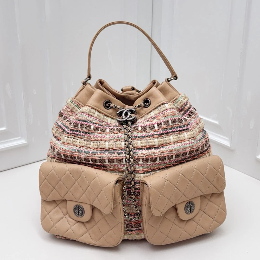 Chanel Tweed Knitting Drawstring Bucket Backpack Handbag Pink Silver Hardware