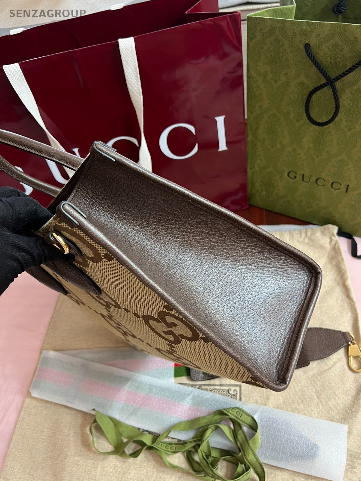 GUCCI GG Logo Tote Top Handle Canvas Shoulder Handbag Brown Classic