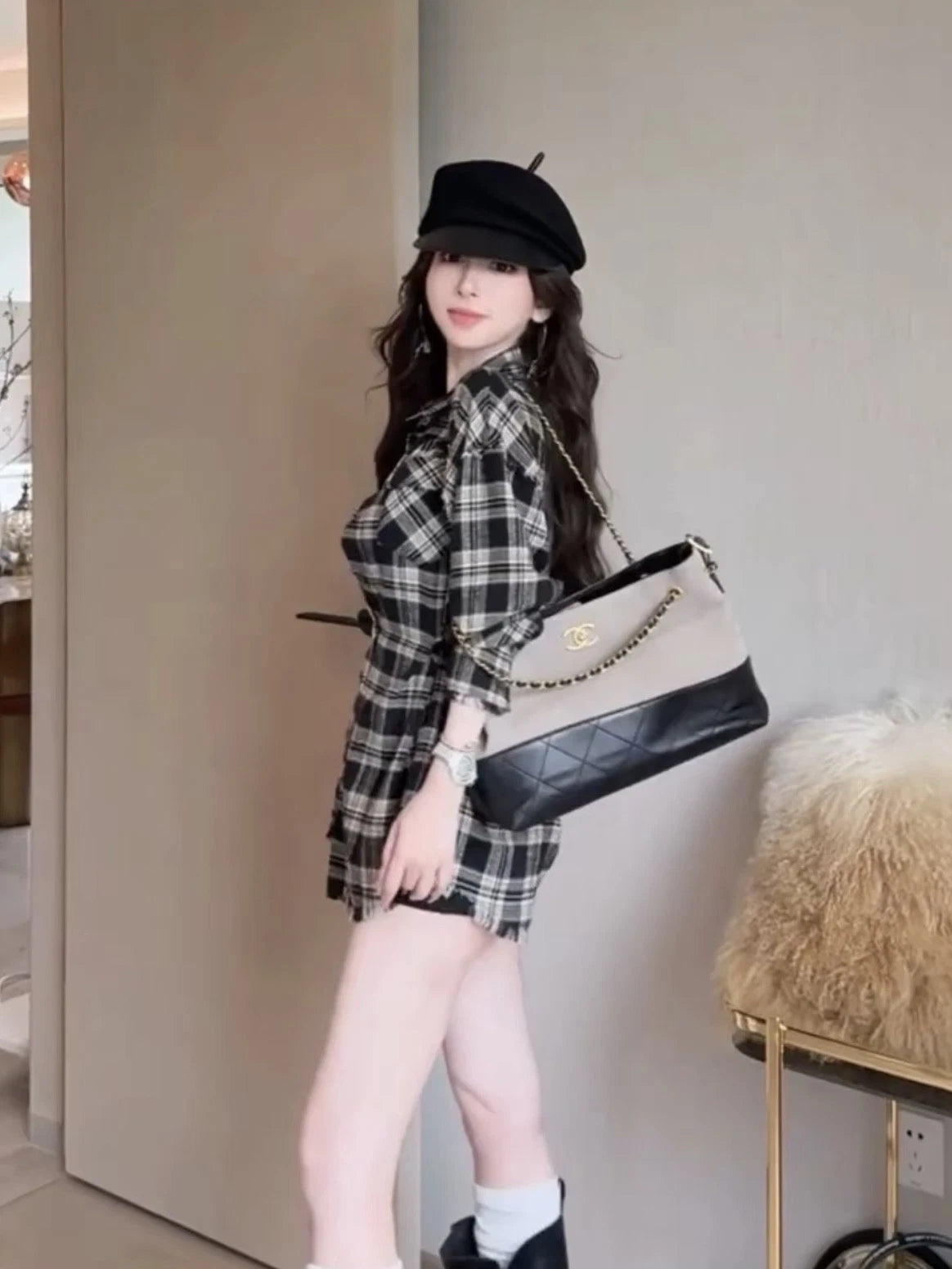 New CHANEL Gray Black Suede Leather Hobo Tote Shoulder Handbag Women