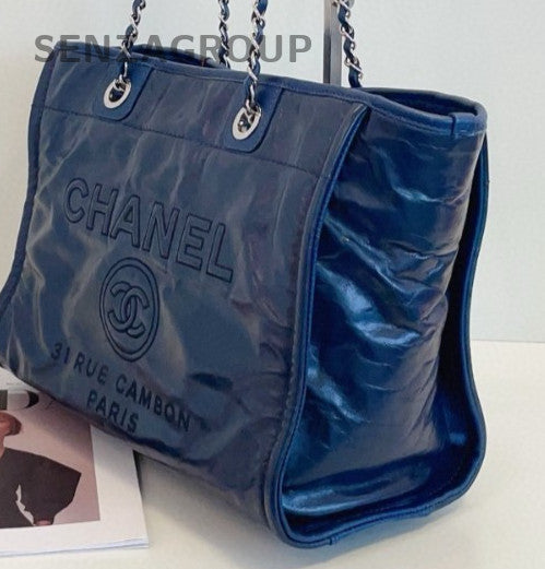 Chanel Calfskin Tote Chain Shoulder Bag Blue Silver Used Women Classic