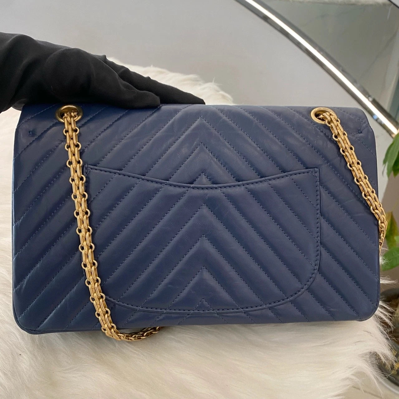 Chanel 2.55 Medium Flap Bag Blue Gold Chevron Classic Women's