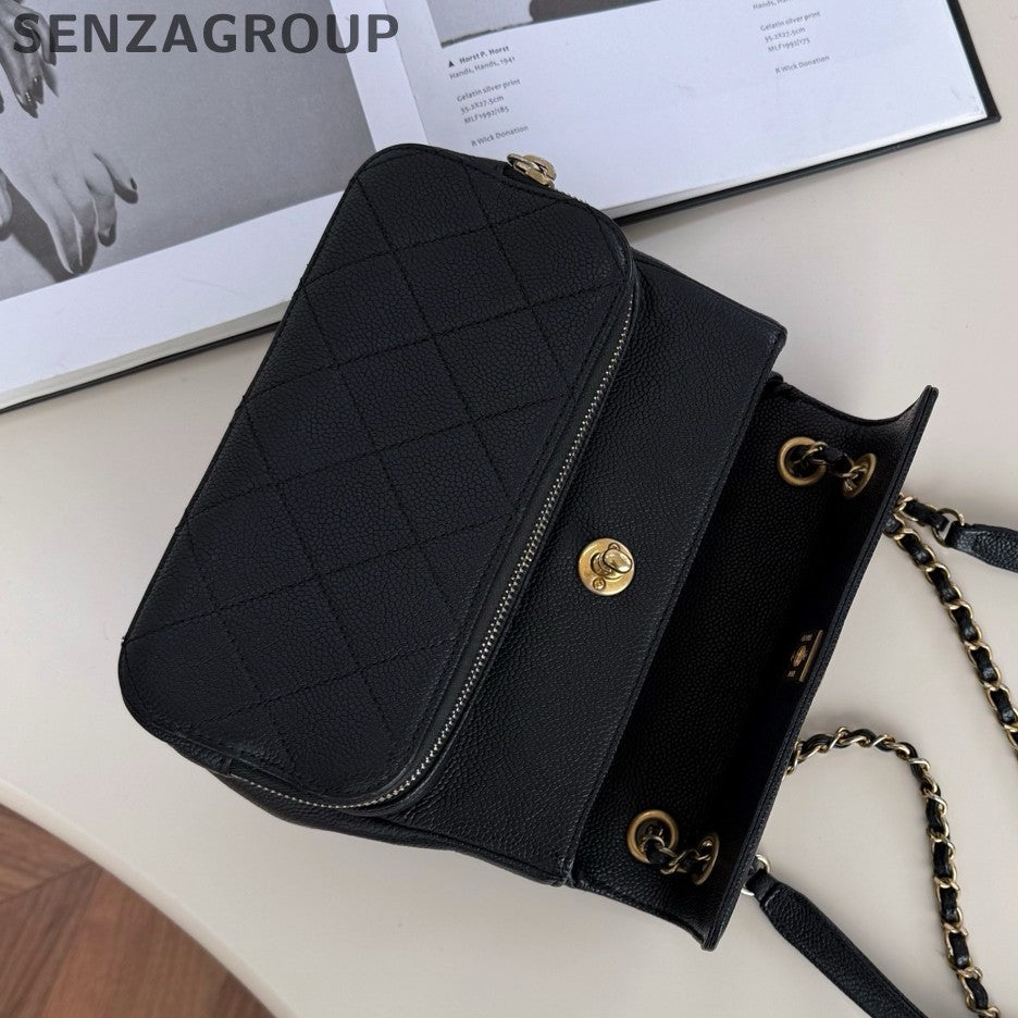 Chanel Diamond Chain Black Gold Shoulder Bag Crossbody Women Classic