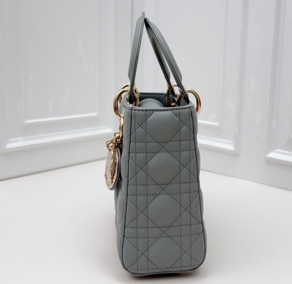 Christian Dior Lady Dior Cannage Top Handle Bag Crossbody Gray Gold Women