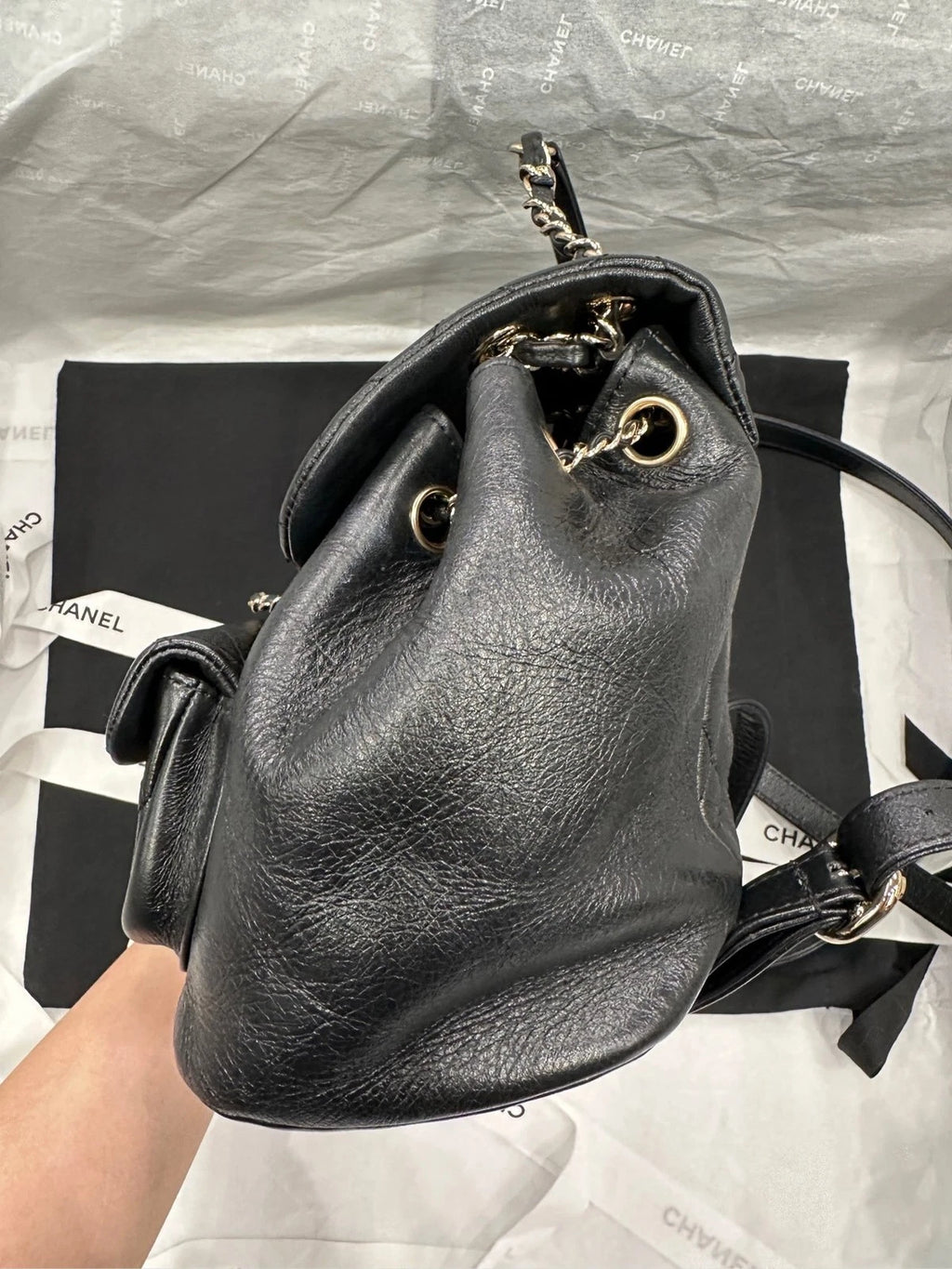 CHANEL Duma Small Black Waxed Leather Backpack For Women