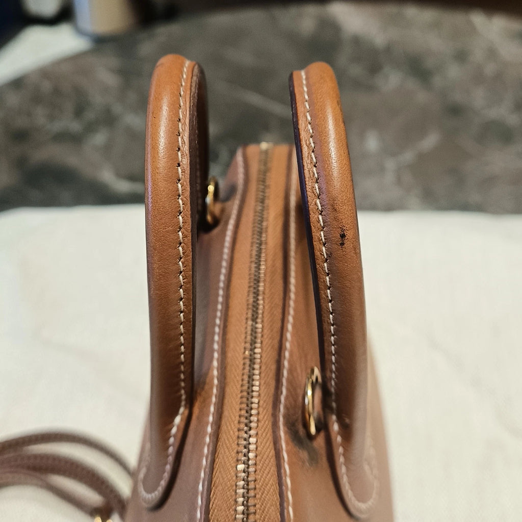 Hermes Bolide Mini Evercolor Leather Top Handle Crossbody Brown Gold Women