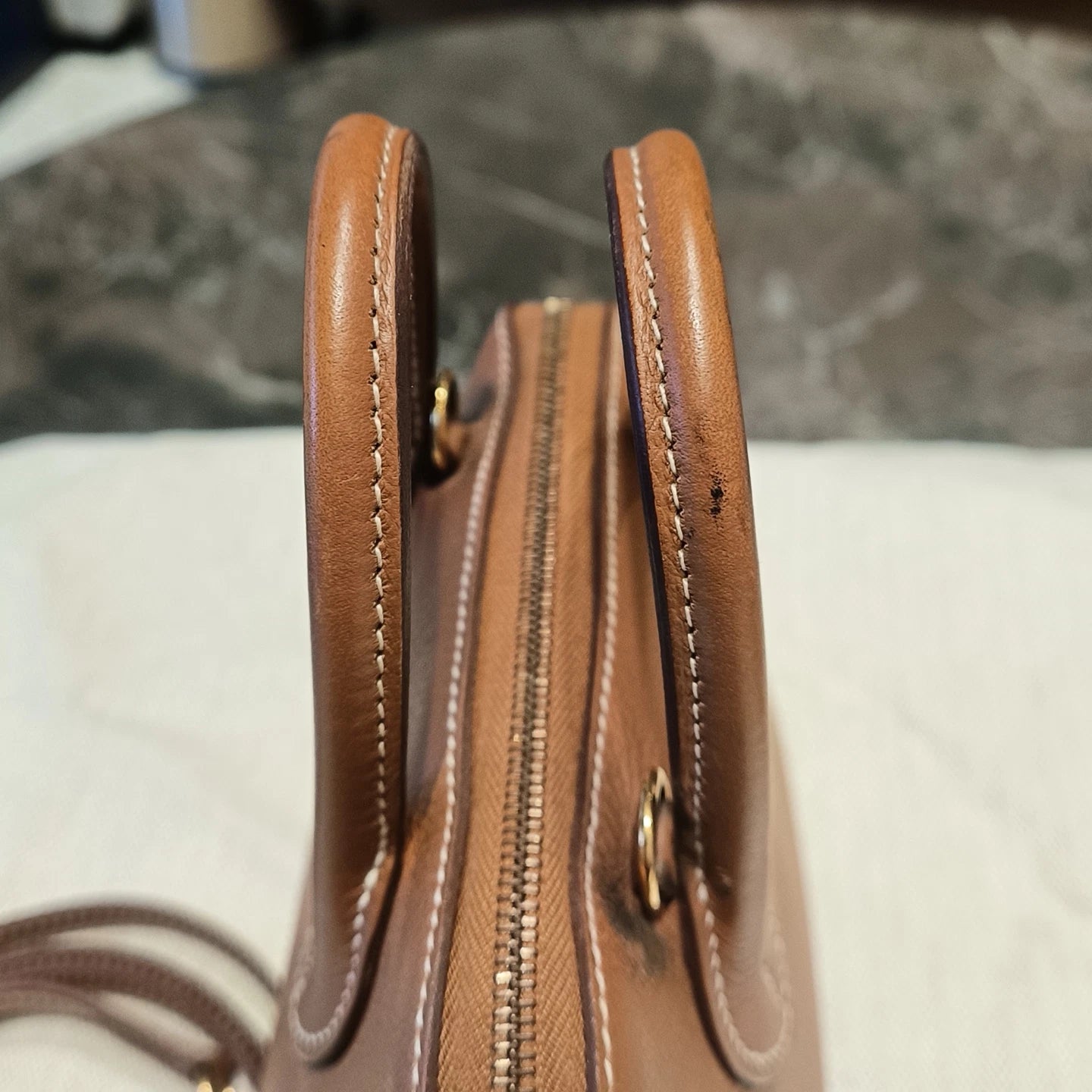 Hermes Bolide Mini Evercolor Leather Top Handle Crossbody Brown Gold Women