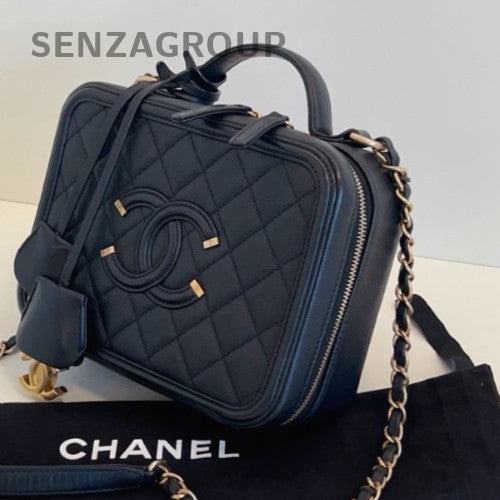Chanel Vanity Case MM Chain Shoulder Bag Crossbody Black Gold Women Classic