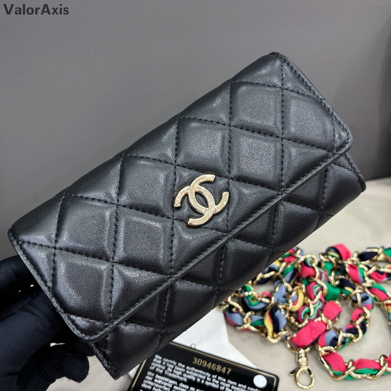 Chanel Diamond Lambskin Chain Crossbody Black Gold Women Classic