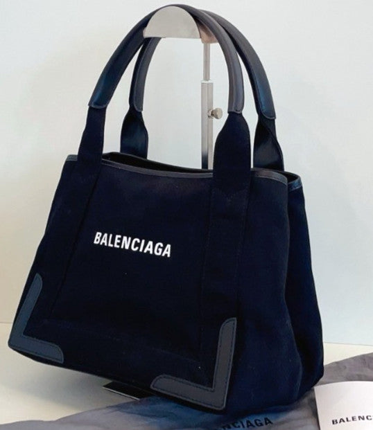 Balenciaga Navy Cabas Canvas Tote Top Handle Shoulder Bag With Pouch Black Women