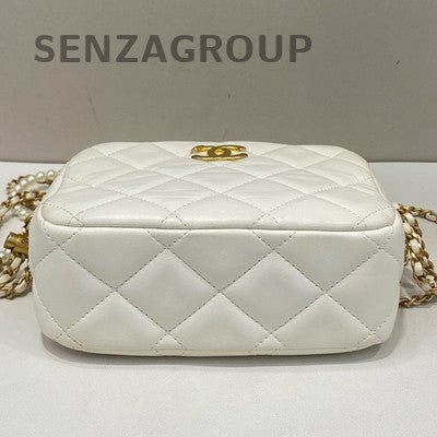Chanel Quilted White Gold Camera Bag with Pearl Chain Strap