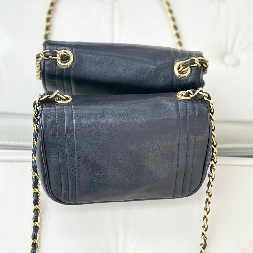 Chanel Vintage Lambskin Chain Shoulder Crossbody Bag Black Gold Women S