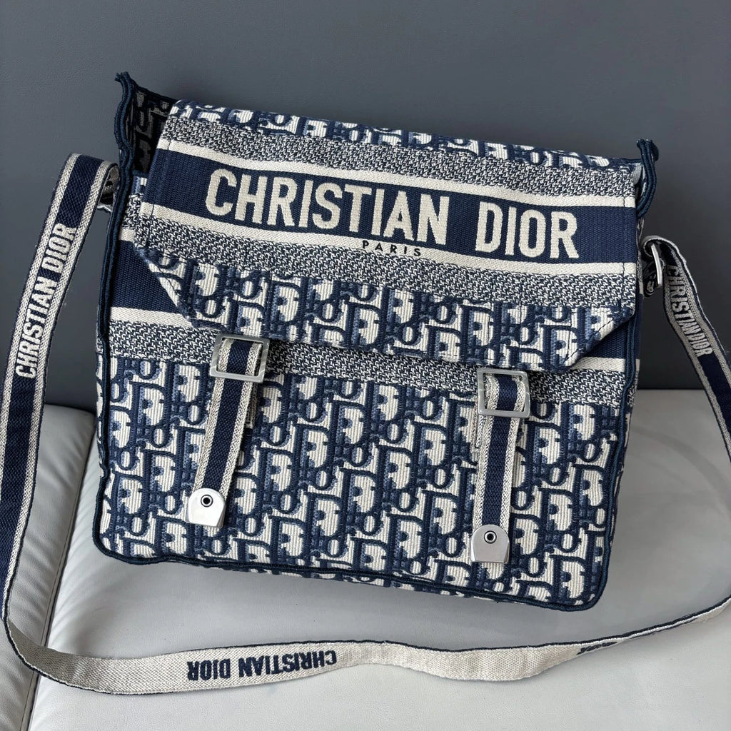 Excellent Christian Dior Camp Messenger Bag Blue Oblique Canvas Shoulder Bag