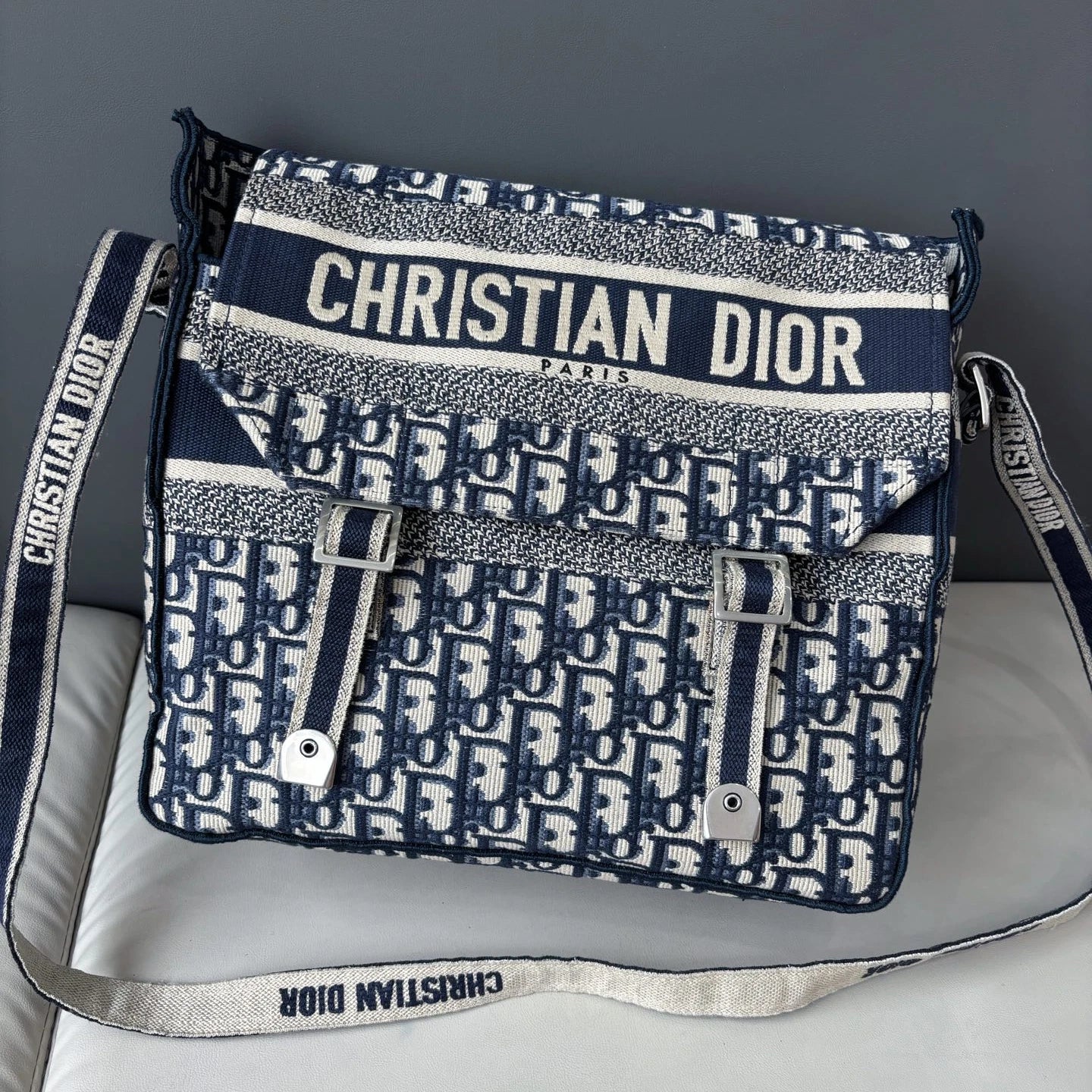Excellent Christian Dior Camp Messenger Bag Blue Oblique Canvas Shoulder Bag