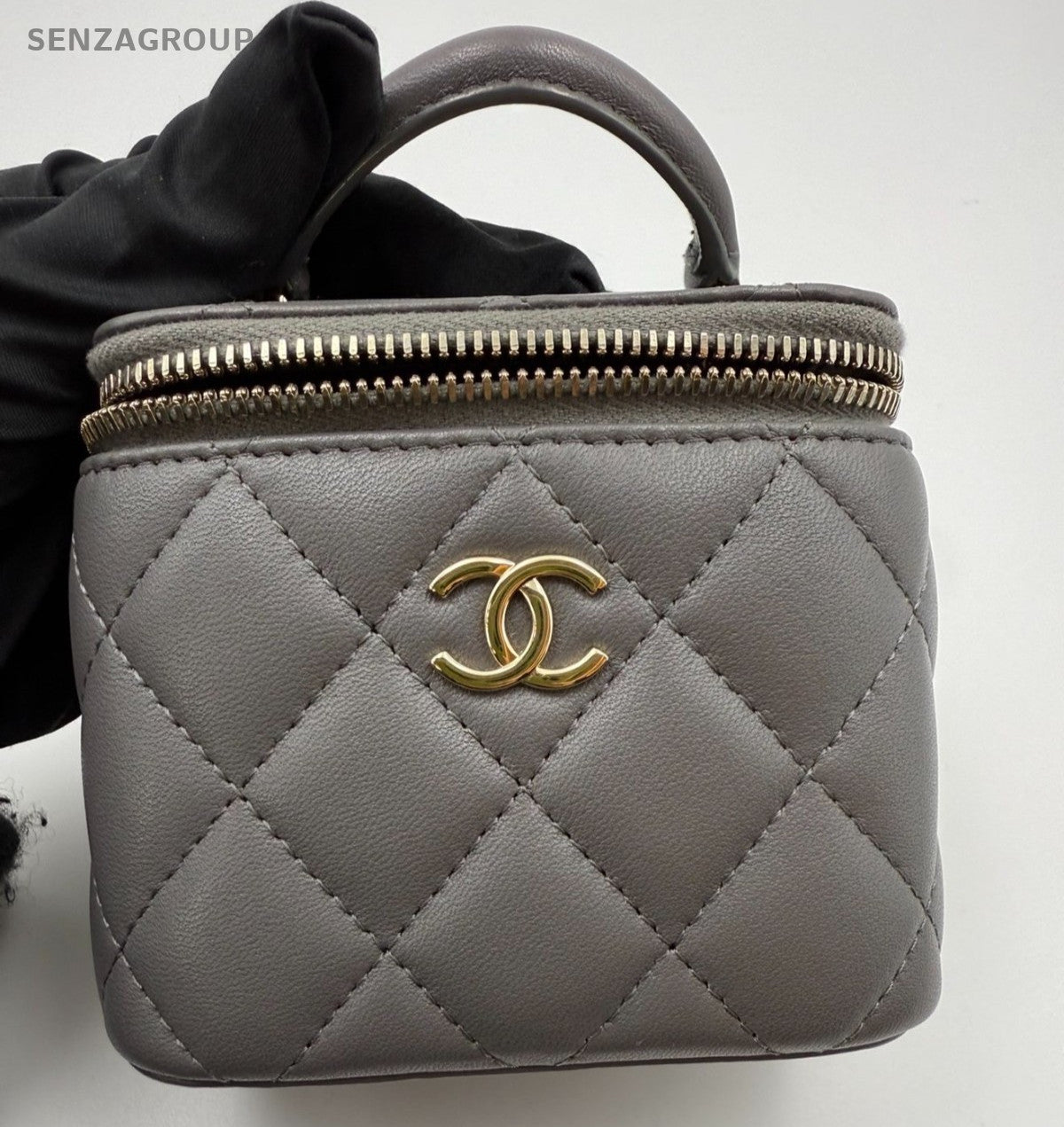 Chanel Vanity Case Lambskin Mini Top Handle Shoulder Crossbody Gray Gold Women